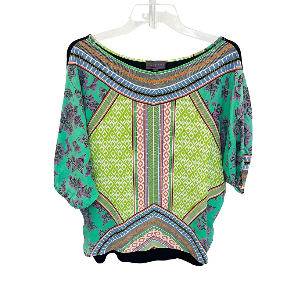 Hale Bob Silk Front Batwing Top Green Purple Geometric Floral Print Boho SMALL